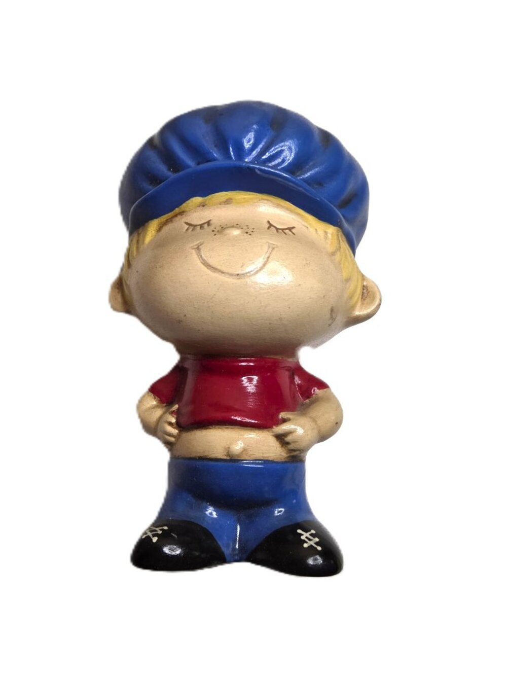 Vintage 1970s Little Boy Piggy Bank Ceramic Figurine Baseball Hat Cap Office Hom